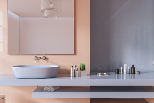 Modern bathroom interior with sleek countertop, elegant sink, minimal accessories, soft lighting, and refined contemporary design elements. 3D Rendering