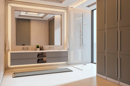 Modern bathroom interior with illuminated mirror, sleek cabinetry, spacious shower area and refined contemporary room design creating elegant space. 3D Rendering