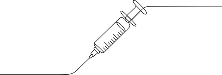 Continuous Line Drawing Of Syringe For Injections. One Line Of Syringe. one line Art icon drawing vector © MDROBIUL
