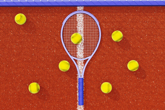 Top view of tennis racket and scattered balls on bright clay court under vivid light creating dynamic sport composition for creative advertising and promotion banner poster design. 3D Rendering
