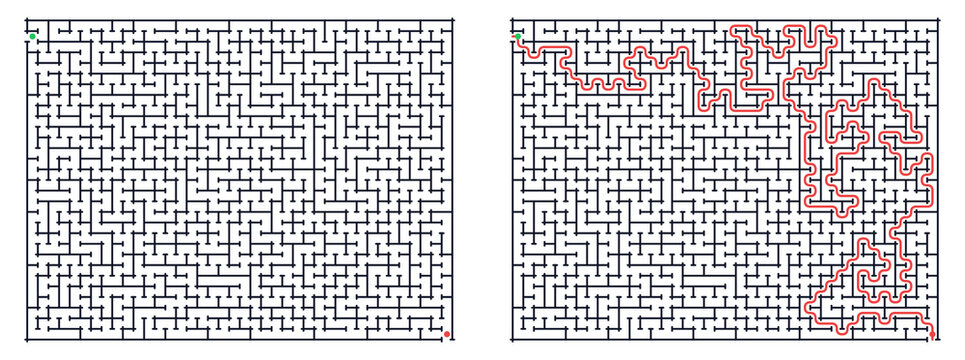 Labyrinth game grid with solved path in red on white background  