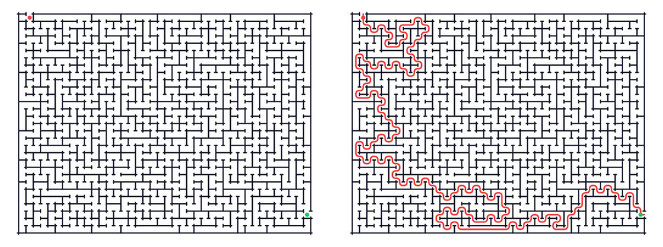 Labyrinth game grid with path marked in red on white background  