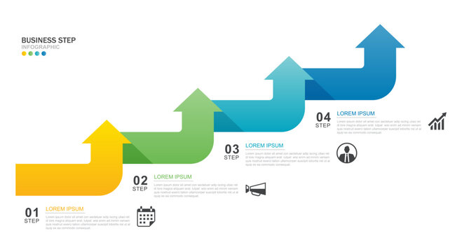 Business infographic growth success template with four steps rising arrow.