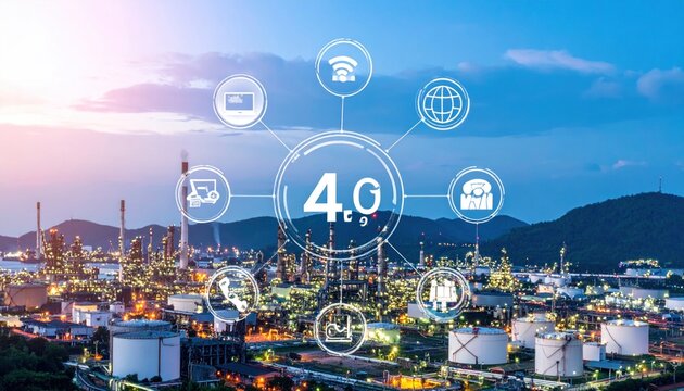Industry 4.0 concept and icons of automation, connection, cloud computing, iot, big data and system integration on blurred oil refinery background.
