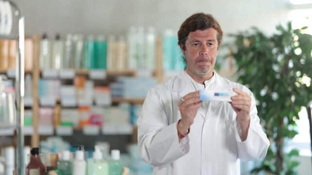 Male pharmacist stands behind the counter in a pharmacy, works at a computer and holds a package of vitamins and medicines. Pharmacy warehouse employee checks the availability of goods. High quality