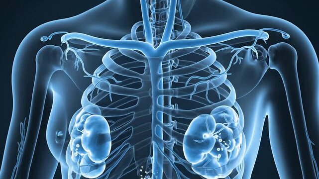 Detailed Medical Illustration of Human Anatomy Focusing on Pelvis and Kidney Regions in Futuristic Blue X-Ray Style