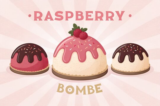 Three delicious raspberry bombe desserts with sweet chocolate ganache and colorful sprinkles are showcased in this beautiful professional illustration created to celebrate classic French pastry baking