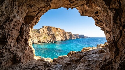 Fototapeta premium View from cave opening of turquoise sea and rocky cliffs.