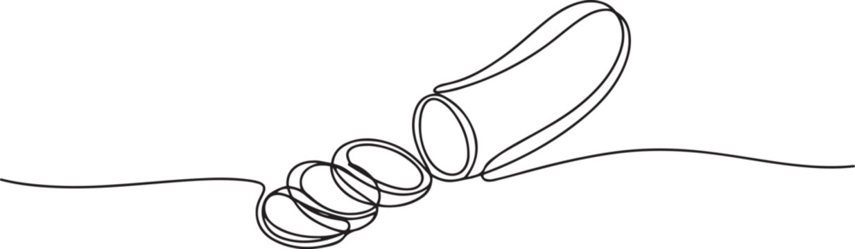 A single, continuous line depicts a cucumber being sliced ​​into pieces. one line Art icon drawing vector