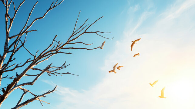 Tree with bare branches reaches towards bright sky, while birds soar gracefully in sunlight, creating serene and uplifting scene