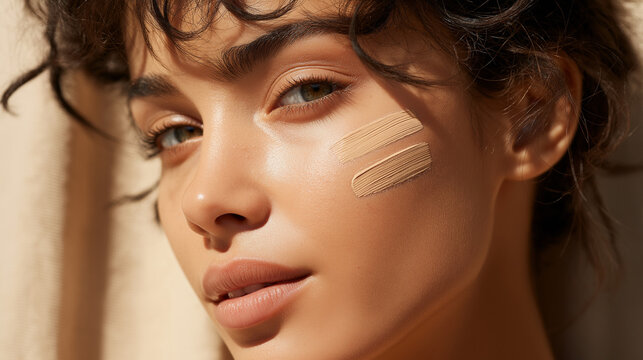 Woman applying liquid foundation cream on face for makeup routine. Portrait of young girl testing concealer shade on cheek. Skin care, beauty treatment and cosmetic product testing concept.