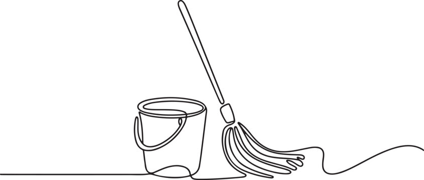 Continuous one line drawing of Cleaning mop and bucket. Single line drawing illustration of Mop and plastic bucket. one line Art icon drawing vector