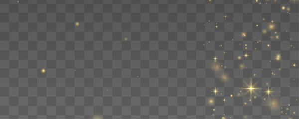 Obraz premium Golden glitter dust with sparkle and glow in soft bokeh light. Magical festive stardust, particle, twinkle and highlights. Sparks, glare star, flare and lens flare PNG vector illustration.