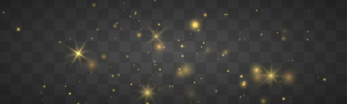 Golden glitter dust and sparkle in soft bokeh light with shimmer and glow. Magical festive stardust, twinkle particle and highlights. Sparks star, glare, flare and lens flare PNG vector illustration.
