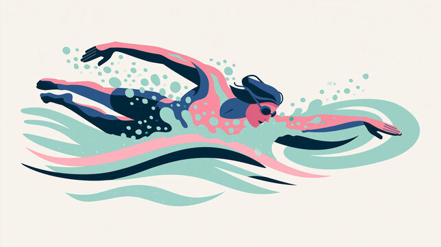 Woman swimmer training in pool water. Professional athlete performing crawl stroke during swimming competition. Movement, hobby, endurance and healthy lifestyle concept in illustration.