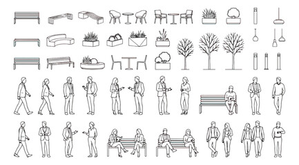 Architectural scale figures and urban furniture vector set, minimalist line art people and street landscape elements for CAD site plans © Ali