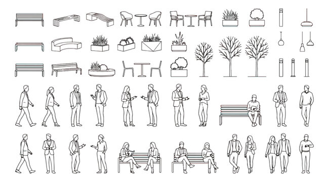 Architectural scale figures and urban furniture vector set, minimalist line art people and street landscape elements for CAD site plans