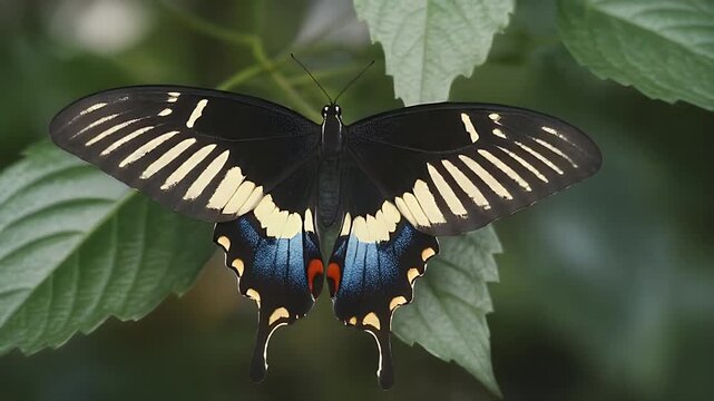 A captivating black butterfly, showcasing striking white stripes and vibrant blue and red hues, gently perches on a verdant leaf, a marvel of natural design