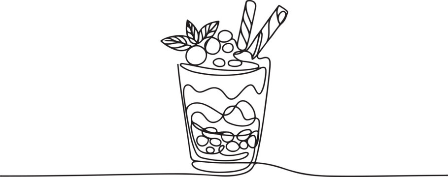 Continuous one line drawing chocolate parfait in a glass with various layers. Fresh summer drink. one line Art icon drawing vector
