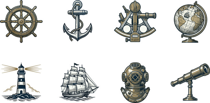 Vintage nautical maritime illustration set featuring anchor ship wheel lighthouse sextant antique globe diving helmet and telescope for professional coastal branding and heritage design projects.