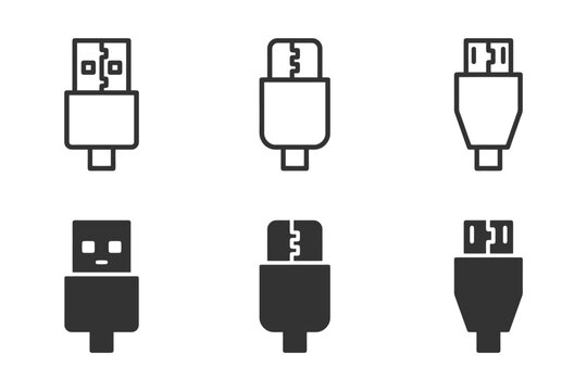 Collection of usb and micro usb plug icons in various styles.