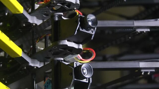 Several FPV attack drones stacked on a shelf inside a military dugout workshop. Concept of unmanned aerial systems, drone maintenance, and preparation for military operations. Modern warfare