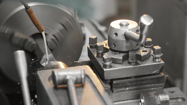 Close up of industrial lathe machine machining metal part with coolant during precision manufacturing process.