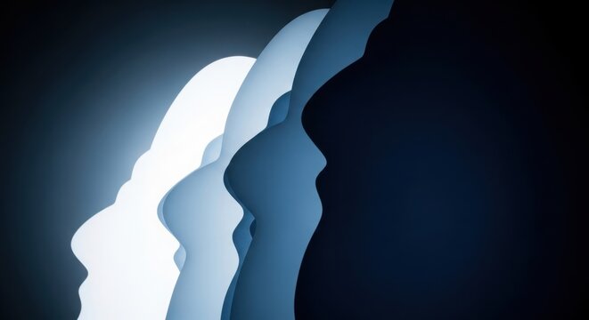 Abstract layers of human face silhouettes in shades of blue and white