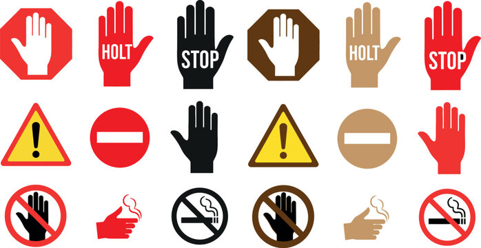 Collection of warning and prohibition signs with hands and symbols