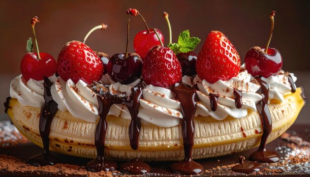 Decadent Banana Split Dessert Topped with Strawberries Cherries Whipped Cream and Chocolate Sauce