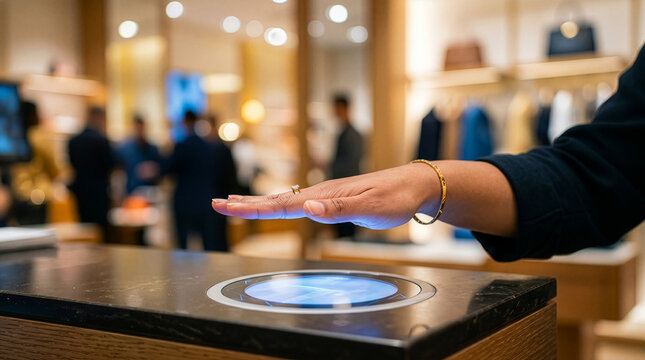 Close up of extended arm presenting an illuminated circular display on a dark counter surface