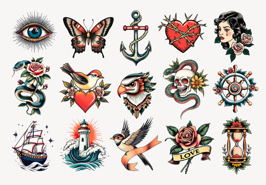 Vintage Tattoo Flash Art Element Set