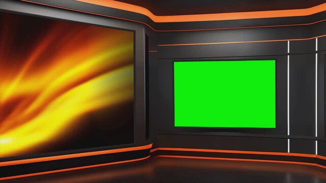 Modern virtual news studio background with green screen display, orange neon light abstract backdrop for television broadcast, 3d render, 4k video