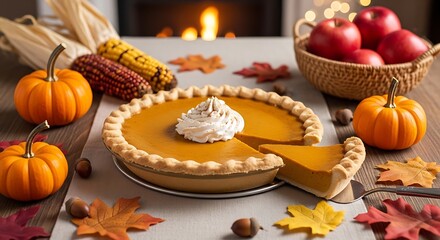 Fototapeta premium Pumpkin pie with whipped cream on top and autumn leaves on wooden table