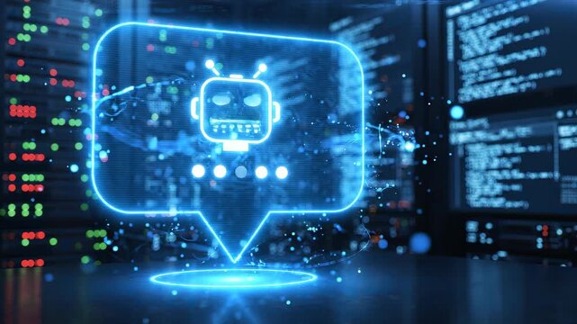 Glowing AI chatbot hologram in a digital speech bubble on a server room background with code, concept for artificial intelligence service, customer support automation and data processing