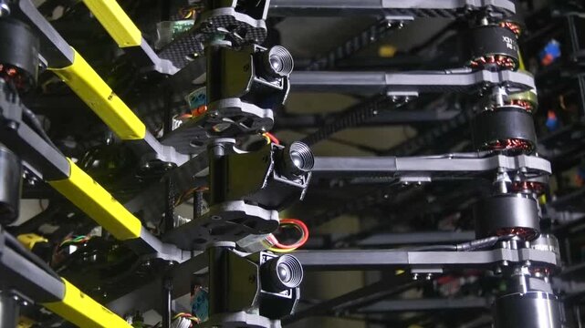 Several FPV attack drones stacked on a shelf inside a military dugout workshop. Concept of unmanned aerial systems, drone maintenance, and preparation for military operations. Modern warfare