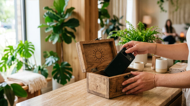 Natural Interior Design with Open Wooden Box Displaying Sleek Portable Electronic Device