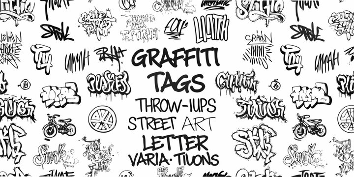 Graffiti Tags Pattern Black Ink On White Background