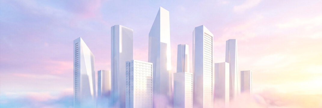 Bright modern city skyscrapers emerging from soft clouds.