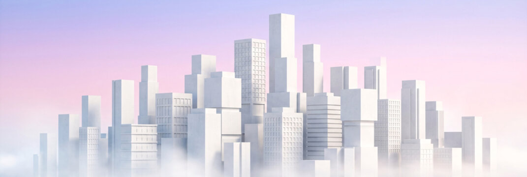 Modern white city skyline in gentle clouds sunset sky.
