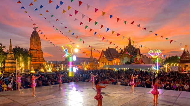 thailand, ayutthaya, temple fair, festival, local festival, molam, luk thung, concert, stage performance, dancers, crowd, audience, nightlife, illuminated, neon lights, string flags, ancient ruins, hi