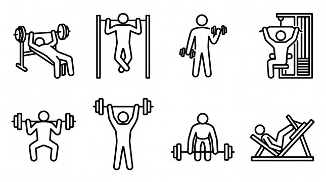 Minimalist gym exercise line icons showing strength training moves like bench press, pull-ups, curls, and machine workouts.