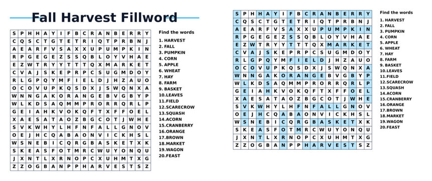 Fall harvest word search puzzle with highlighted words and grid  