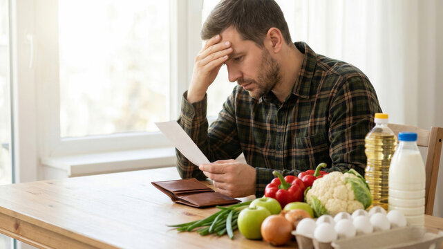 Wallet empty crisis stressed man grocery bill kitchen table. Financial bankruptcy recession. open purse broke, debt problem loss, money cash spending pay, poor