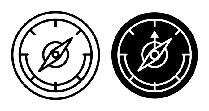 Compass Icons, Navigation Tools, Directional Instruments. Set of two stylized compasses in outline and solid black, representing guidance and exploration.