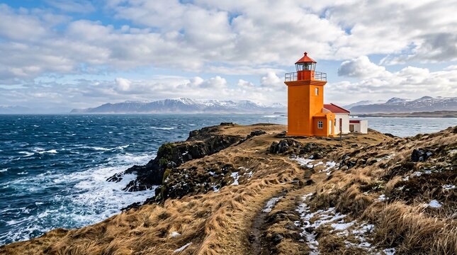 Bright orange beacon tower on rocky headland with snowy peaks behind.