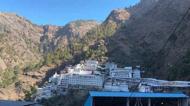Architecture view footage of building of mata vaishno devi temple in day light. Holy shrine of goddess vaishno mata.