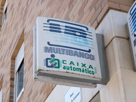 Sign outside a Portuguese bank location of an ATM or Cashpoint machine, called Multibanco in Portugal.