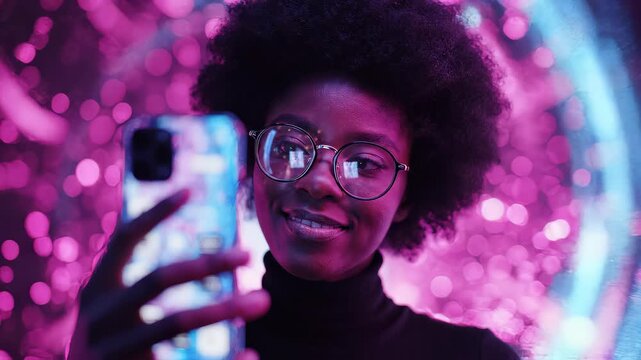 Portrait of a young female tech specialist using a smartphone in futuristic neon lit digital environment with reflections, concept for mobile apps, cyber security and social media marketing