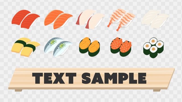 A sushi-themed text base with 10 different sushi icons on a sushi tray